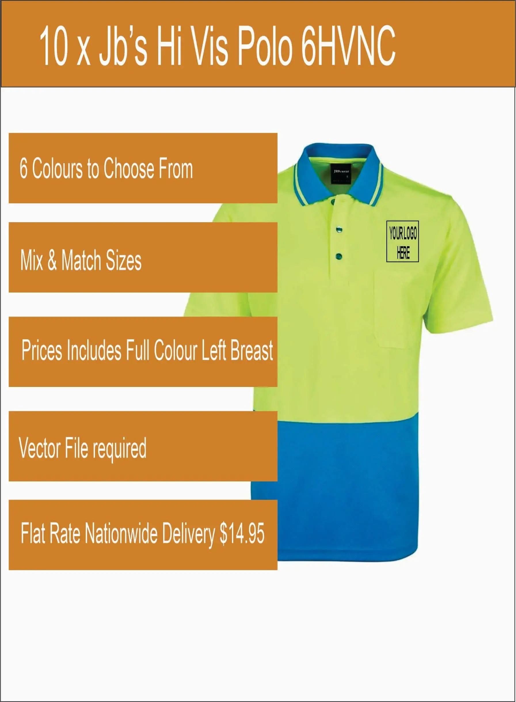 10 x Jb’s Printed Hi Vis Polo 6HVNC